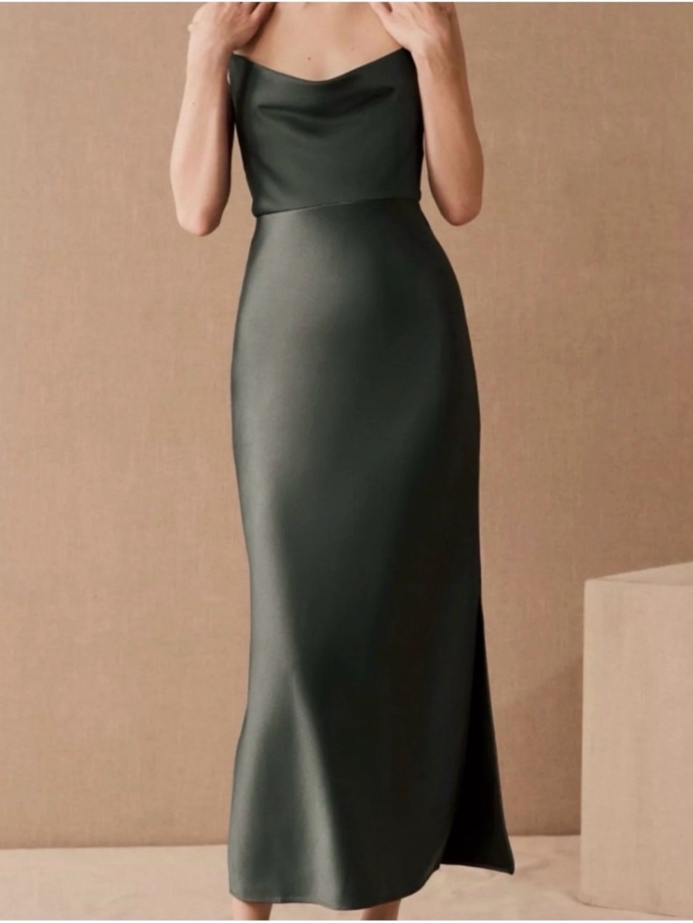 Forest Green Cowl Neck Slip Dress with Slit